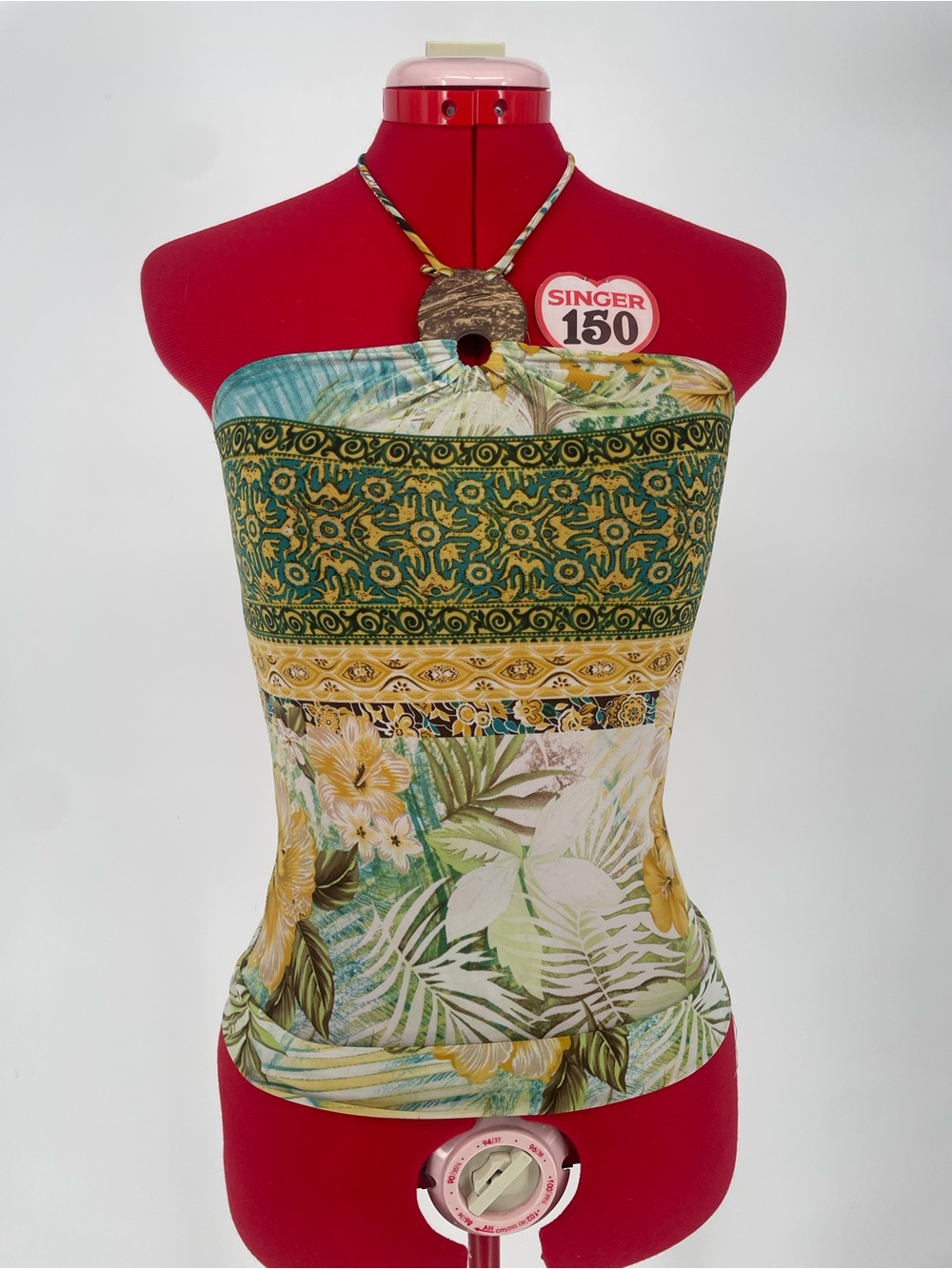 Y2K Tropical Floral French Kiss Brand Halter Top Coconut Shell Detail Tube Top